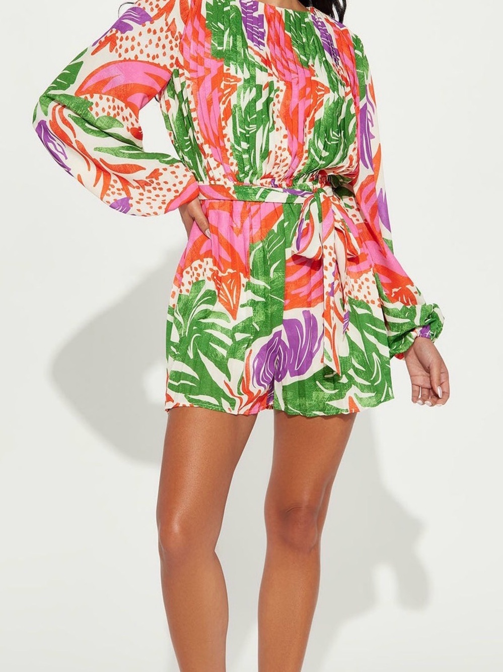Tropical Print Tie-Waist Romper - Green/Pink/Orange